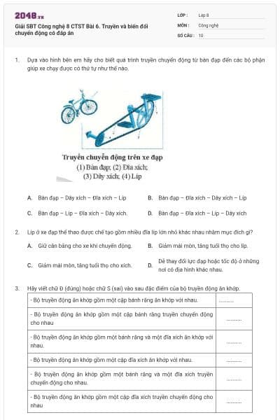 Giải SBT Công nghệ 8 CTST Bài 6. Truyền và biến đổi chuyển động có đáp án