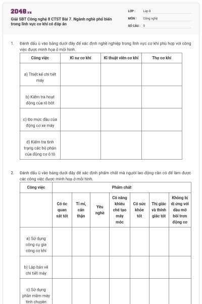 Giải SBT Công nghệ 8 CTST Bài 7. Ngành nghề phổ biến trong lĩnh vực cơ khí có đáp án