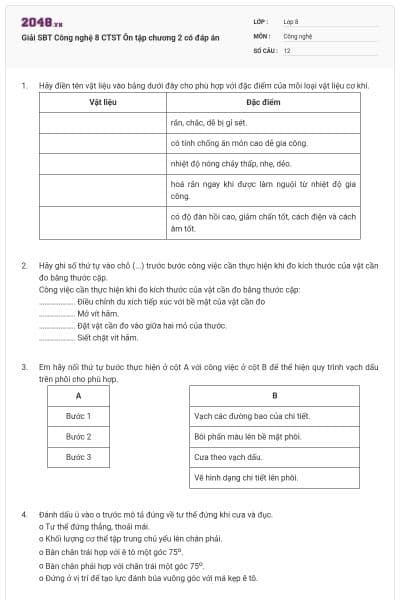 Giải SBT Công nghệ 8 CTST Ôn tập chương 2 có đáp án