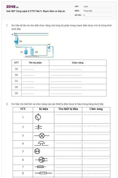 Giải SBT Công nghệ 8 CTST Bài 9. Mạch điện có đáp án