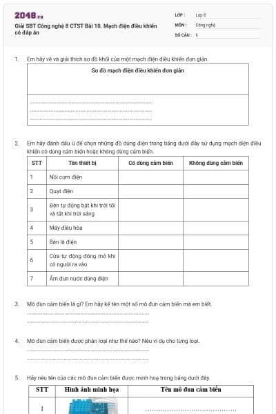 Giải SBT Công nghệ 8 CTST Bài 10. Mạch điện điều khiển có đáp án