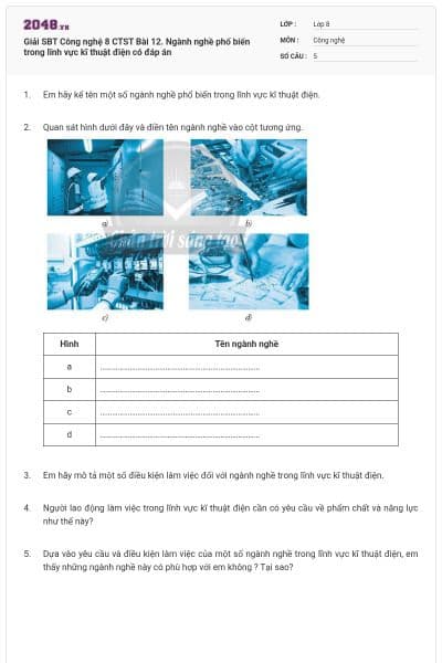 Giải SBT Công nghệ 8 CTST Bài 12. Ngành nghề phổ biến trong lĩnh vực kĩ thuật điện có đáp án