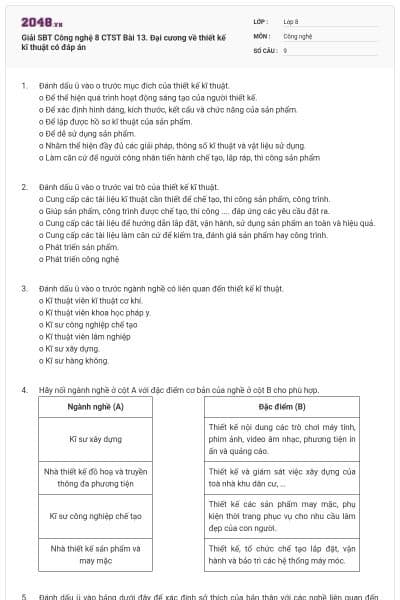 Giải SBT Công nghệ 8 CTST Bài 13. Đại cương về thiết kế kĩ thuật có đáp án
