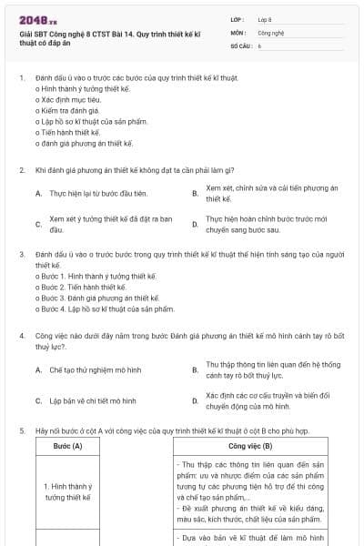 Giải SBT Công nghệ 8 CTST Bài 14. Quy trình thiết kế kĩ thuật có đáp án