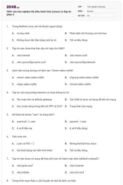 300+ câu trắc nghiệm Hệ điều hành Unix (Linux) có đáp án phần 3