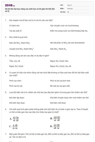 Đề thi thử đại học nâng cao sinh học có lời giải chi tiết (Đề số 5)