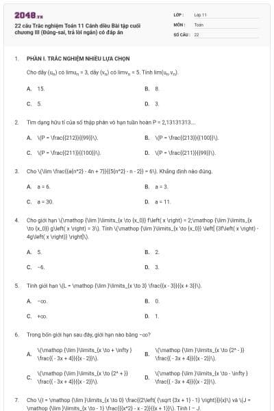 22 câu Trắc nghiệm Toán 11 Cánh diều Bài tập cuối chương III (Đúng-sai, trả lời ngắn) có đáp án