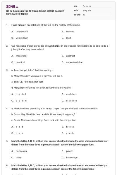 Đề thi tuyển sinh vào 10 Tiếng Anh Sở GD&ĐT Bắc Ninh năm 2025 có đáp án