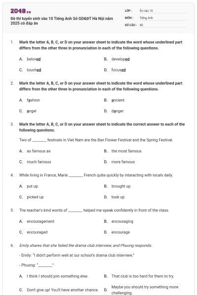 Đề thi tuyển sinh vào 10 Tiếng Anh Sở GD&ĐT Hà Nội năm 2025 có đáp án