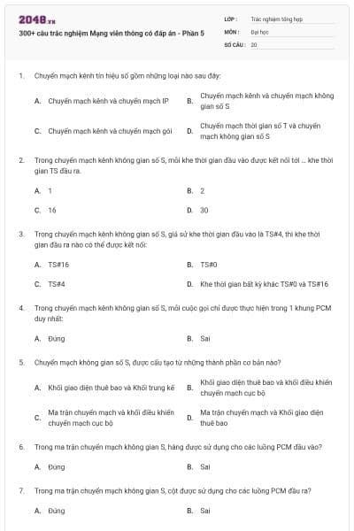 300+ câu trắc nghiệm Mạng viễn thông có đáp án - Phần 5