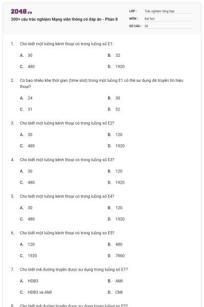 300+ câu trắc nghiệm Mạng viễn thông có đáp án - Phần 8
