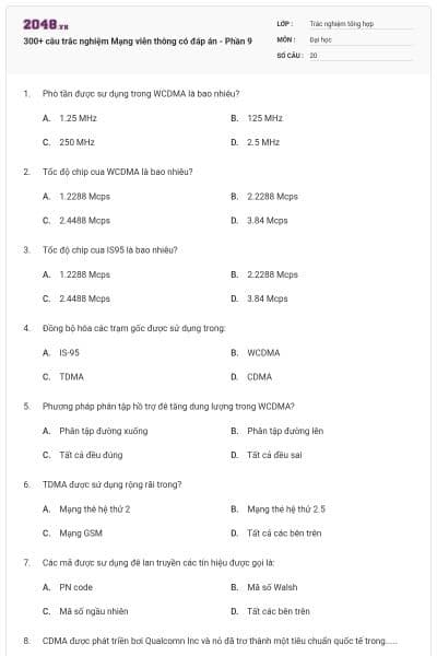 300+ câu trắc nghiệm Mạng viễn thông có đáp án - Phần 9