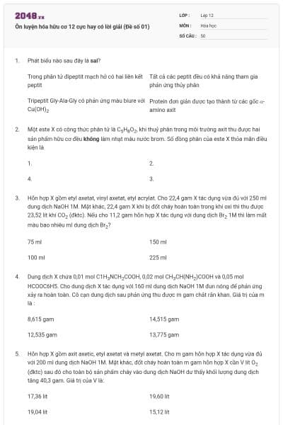 Ôn luyện hóa hữu cơ 12 cực hay có lời giải (Đề số 01)