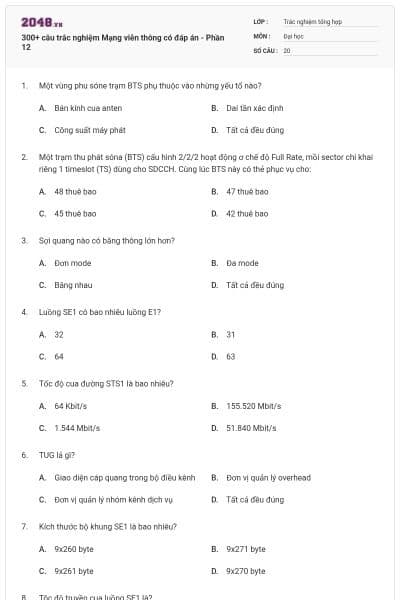 300+ câu trắc nghiệm Mạng viễn thông có đáp án - Phần 12
