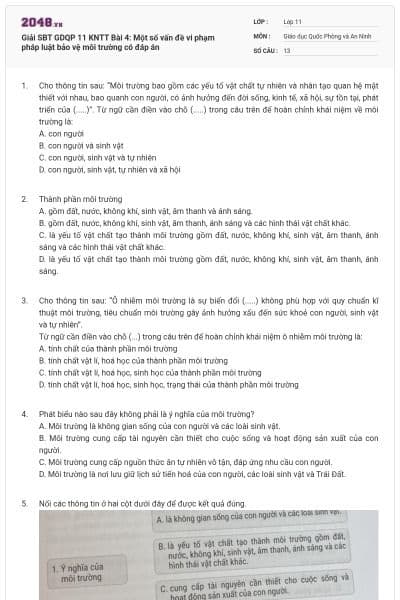 Giải SBT GDQP 11 KNTT Bài 4: Một số vấn đề vi phạm pháp luật bảo vệ môi trường có đáp án