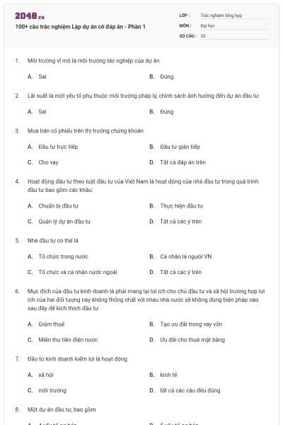 100+ câu trắc nghiệm Lập dự án có đáp án - Phần 1