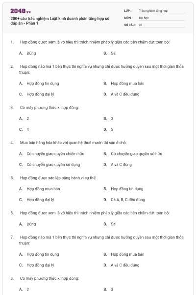 200+ câu trắc nghiệm Luật kinh doanh phần tổng hợp có đáp án - Phần 1