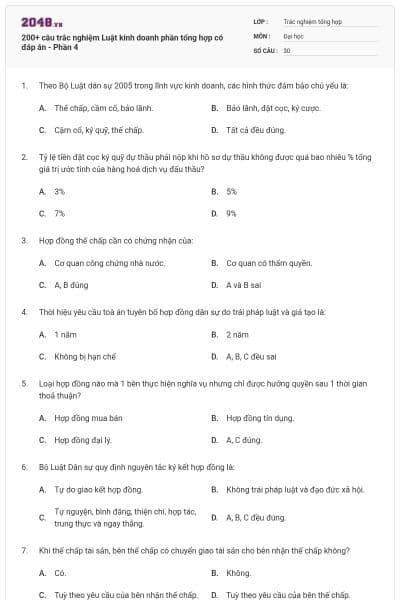 200+ câu trắc nghiệm Luật kinh doanh phần tổng hợp có đáp án - Phần 4