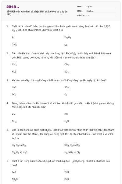 158 Bài toán xác định và nhận biết chất vô cơ có đáp án (P1)