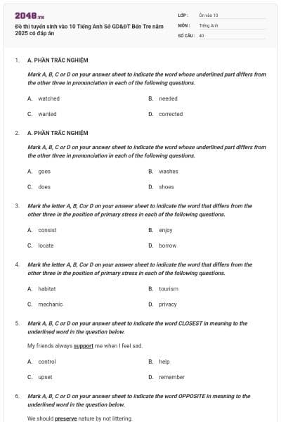 Đề thi tuyển sinh vào 10 Tiếng Anh Sở GD&ĐT Bến Tre năm 2025 có đáp án