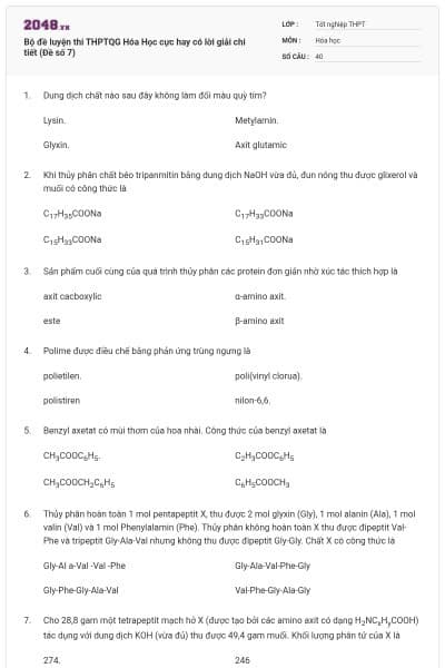 Bộ đề luyện thi THPTQG Hóa Học cực hay có lời giải chi tiết (Đề số 7)