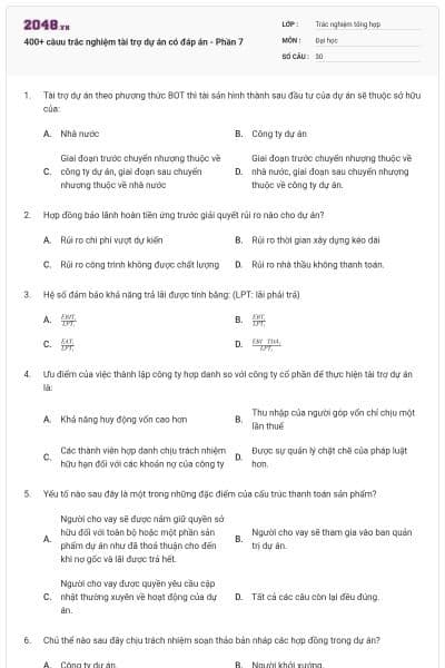 400+ câuu trắc nghiệm tài trợ dự án có đáp án - Phần 7