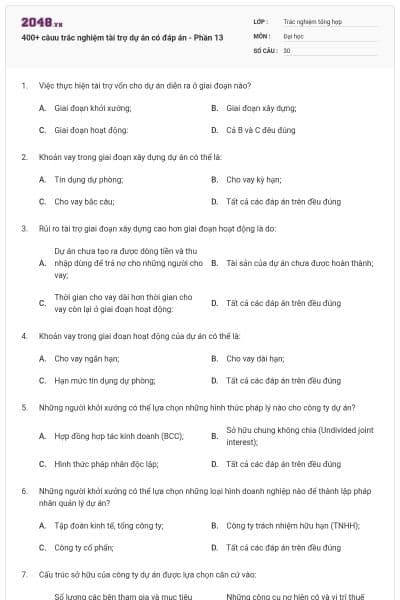 400+ câuu trắc nghiệm tài trợ dự án có đáp án - Phần 13