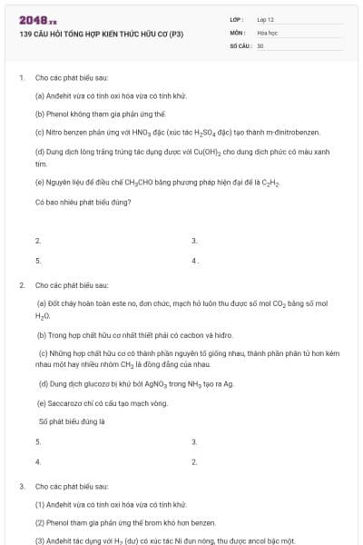 139 CÂU HỎI TỔNG HỢP KIẾN THỨC HỮU CƠ (P3)