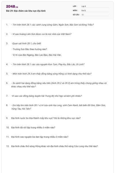 Bài 29: Đặc điểm các khu vực địa hình