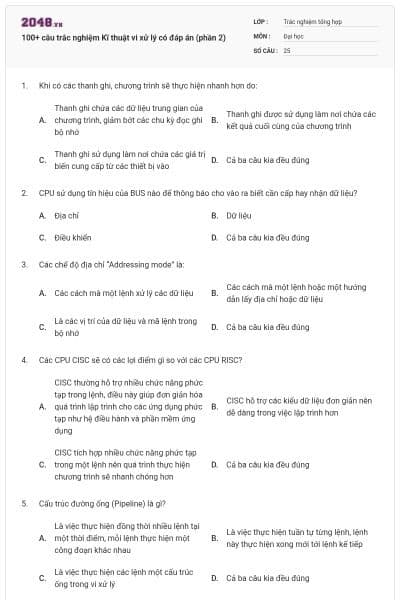 100+ câu trắc nghiệm Kĩ thuật vi xử lý có đáp án (phần 2)