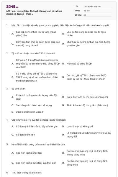 600+ câu trắc nghiệm Thống kê trong kinh tế và kinh doanh có đáp án - Phần 7