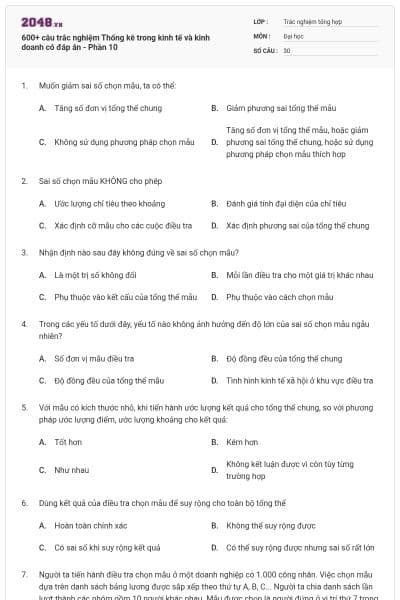 600+ câu trắc nghiệm Thống kê trong kinh tế và kinh doanh có đáp án - Phần 10