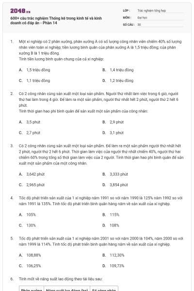 600+ câu trắc nghiệm Thống kê trong kinh tế và kinh doanh có đáp án - Phần 14