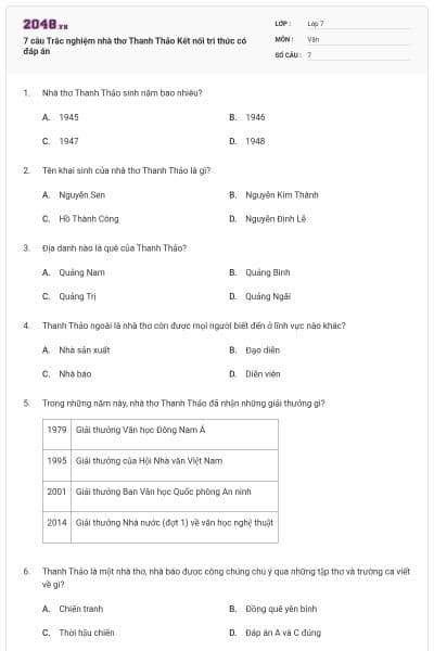 7 câu Trắc nghiệm nhà thơ Thanh Thảo Kết nối tri thức có đáp án