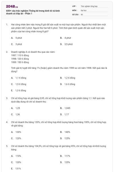 600+ câu trắc nghiệm Thống kê trong kinh tế và kinh doanh có đáp án - Phần 1