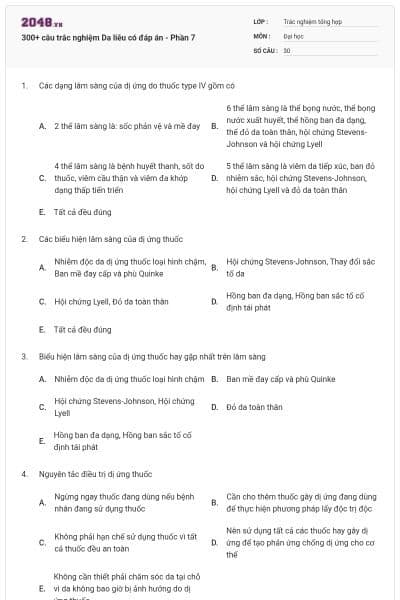 300+ câu trắc nghiệm Da liễu có đáp án - Phần 7
