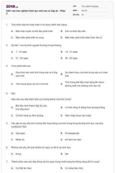 200+ câu trắc nghiệm Sinh dục sinh sản có đáp án - Phần 5