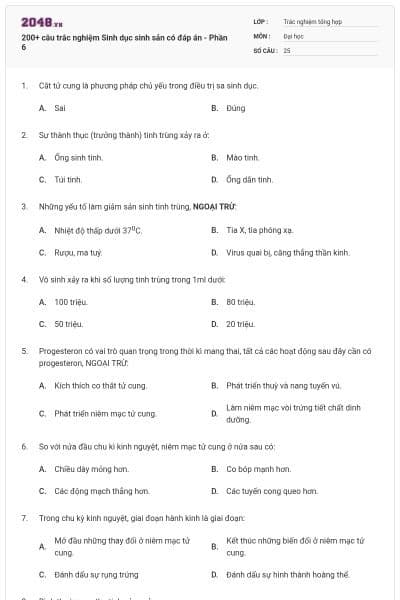 200+ câu trắc nghiệm Sinh dục sinh sản có đáp án - Phần 6