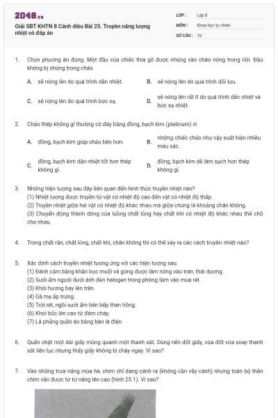 Giải SBT KHTN 8 Cánh diều Bài 25. Truyền năng lượng nhiệt có đáp án
