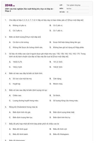 200+ câu trắc nghiệm Xác suất thống kê y học có đáp án - Phần 3