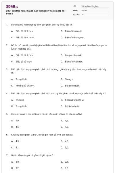 200+ câu trắc nghiệm Xác suất thống kê y học có đáp án - Phần 5