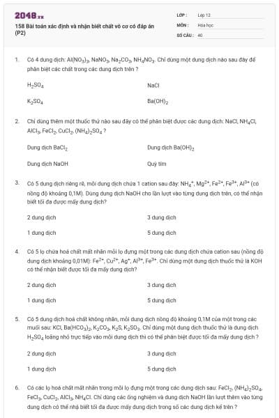 158 Bài toán xác định và nhận biết chất vô cơ có đáp án (P2)