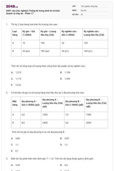 600+ câu trắc nghiệm Thống kê trong kinh tế và kinh doanh có đáp án - Phần 17