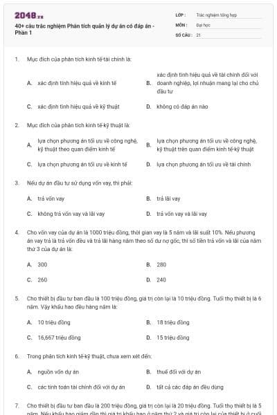 40+ câu trắc nghiệm Phân tích quản lý dự án có đáp án - Phần 1