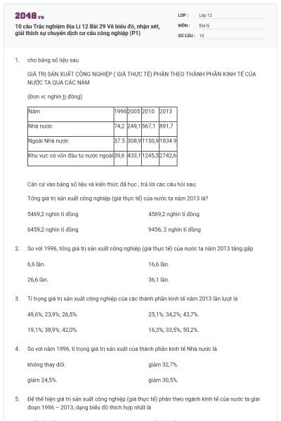 10 câu Trắc nghiệm Địa Lí 12 Bài 29 Vẽ biểu đồ, nhận xét, giải thích sự chuyển dịch cơ cấu công nghiệp (P1)