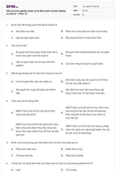 300 câu trắc nghiệm Quản lý hệ điều hành và khởi nghiệp có đáp án - Phần 10