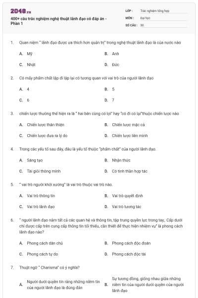 400+ câu trắc nghiệm nghệ thuật lãnh đạo có đáp án - Phần 1