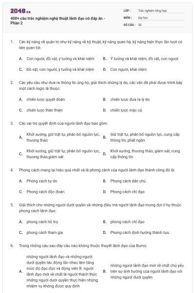 400+ câu trắc nghiệm nghệ thuật lãnh đạo có đáp án - Phần 2