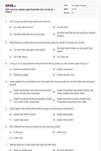 400+ câu trắc nghiệm nghệ thuật lãnh đạo có đáp án - Phần 3