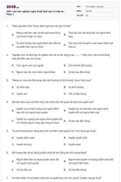 400+ câu trắc nghiệm nghệ thuật lãnh đạo có đáp án - Phần 7